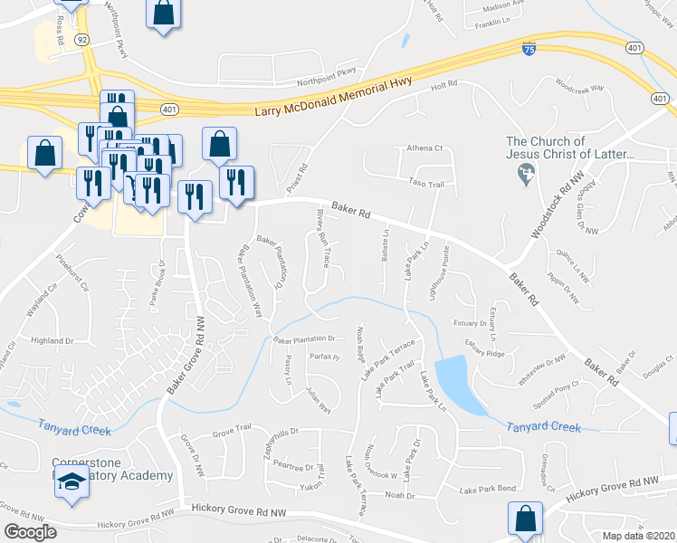 map of restaurants, bars, coffee shops, grocery stores, and more near 3724 Brand Court in Acworth