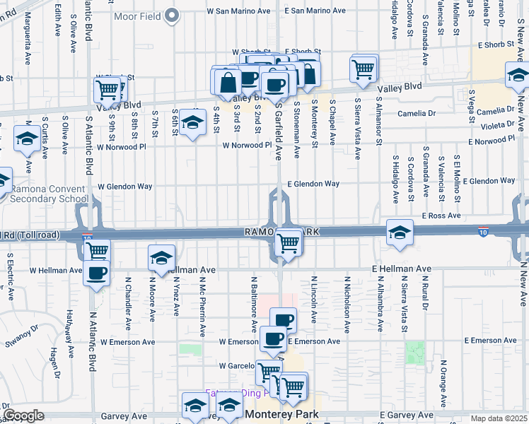 map of restaurants, bars, coffee shops, grocery stores, and more near 1836 South 2nd Street in Alhambra