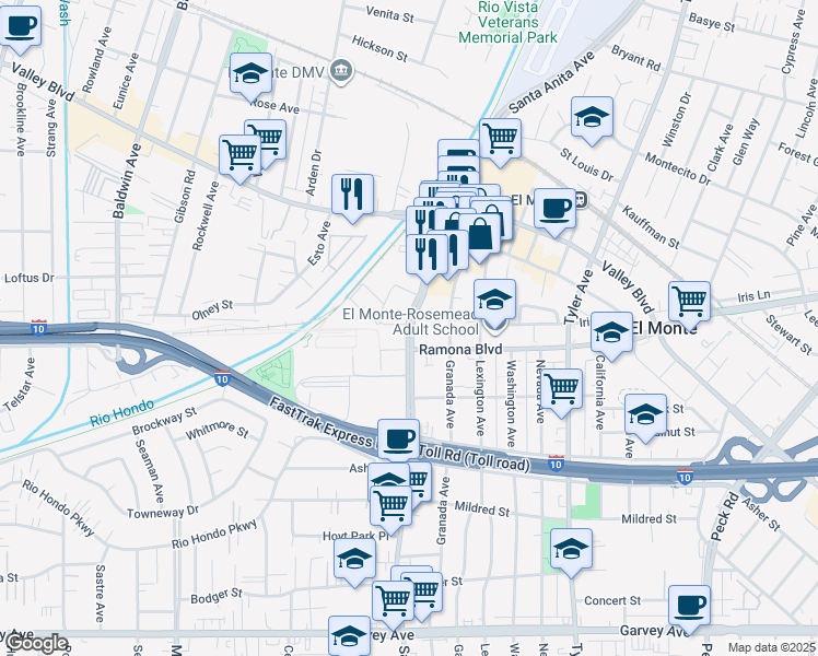 map of restaurants, bars, coffee shops, grocery stores, and more near 3515 Santa Anita Avenue in El Monte