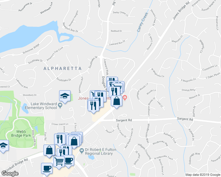 map of restaurants, bars, coffee shops, grocery stores, and more near 11960 Leeward Walk Circle in Alpharetta