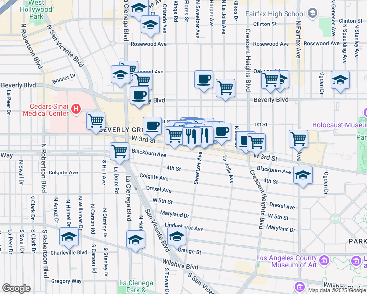 map of restaurants, bars, coffee shops, grocery stores, and more near 8330 West 3rd Street in Los Angeles