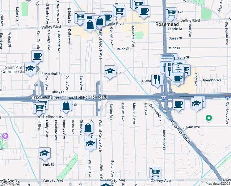 map of restaurants, bars, coffee shops, grocery stores, and more near 8644 Olney Street in Rosemead