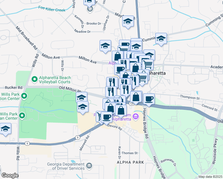 map of restaurants, bars, coffee shops, grocery stores, and more near 122 Marietta Street in Alpharetta