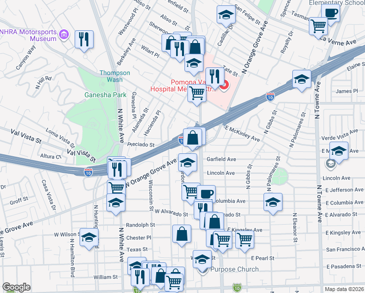 map of restaurants, bars, coffee shops, grocery stores, and more near 1558 North Gordon Street in Pomona