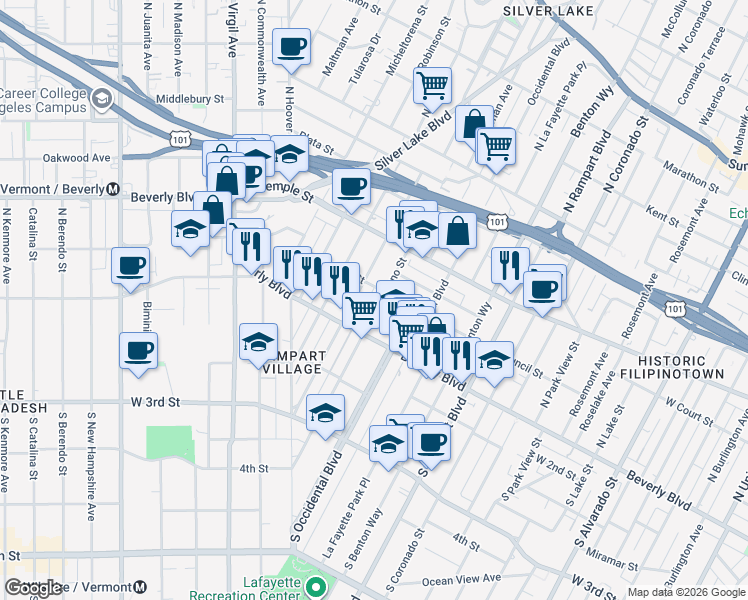 map of restaurants, bars, coffee shops, grocery stores, and more near 133 North Reno Street in Los Angeles