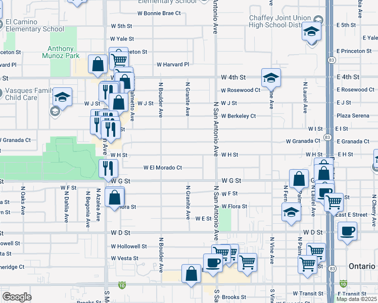 map of restaurants, bars, coffee shops, grocery stores, and more near 768 West H Street in Ontario