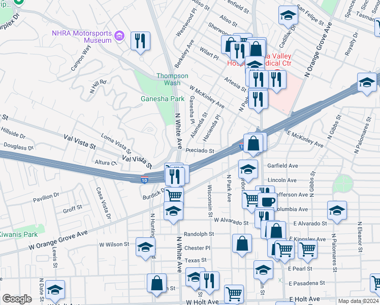 map of restaurants, bars, coffee shops, grocery stores, and more near 499 Kenoak Drive in Pomona