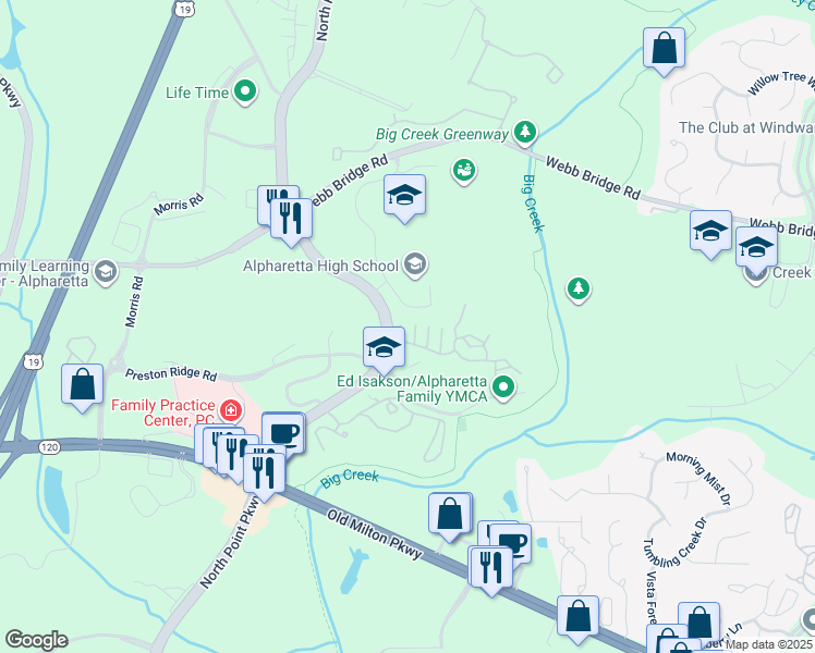 map of restaurants, bars, coffee shops, grocery stores, and more near 3500 North Point Parkway in Alpharetta