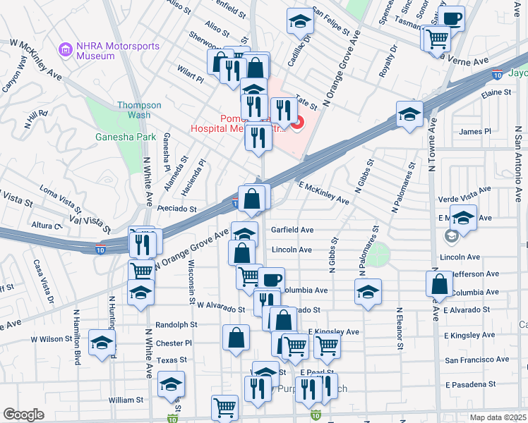 map of restaurants, bars, coffee shops, grocery stores, and more near North Orange Grove Avenue & Garey Avenue in Pomona