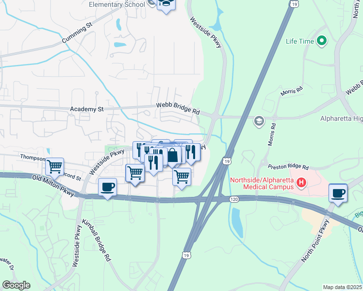 map of restaurants, bars, coffee shops, grocery stores, and more near 2925 Webb Bridge Road in Alpharetta
