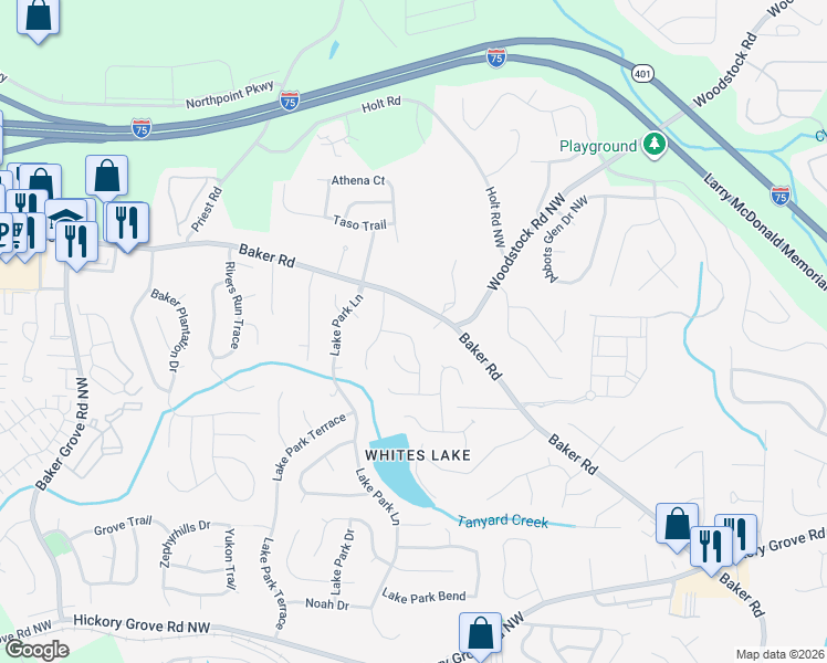 map of restaurants, bars, coffee shops, grocery stores, and more near 2932 Lighthouse Lane in Acworth