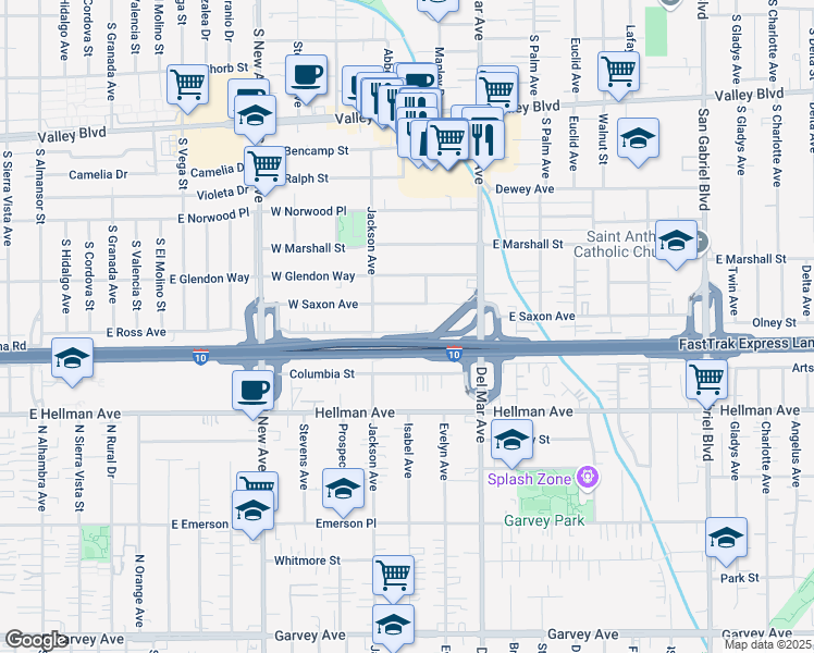 map of restaurants, bars, coffee shops, grocery stores, and more near 201 West Ramona Boulevard in San Gabriel