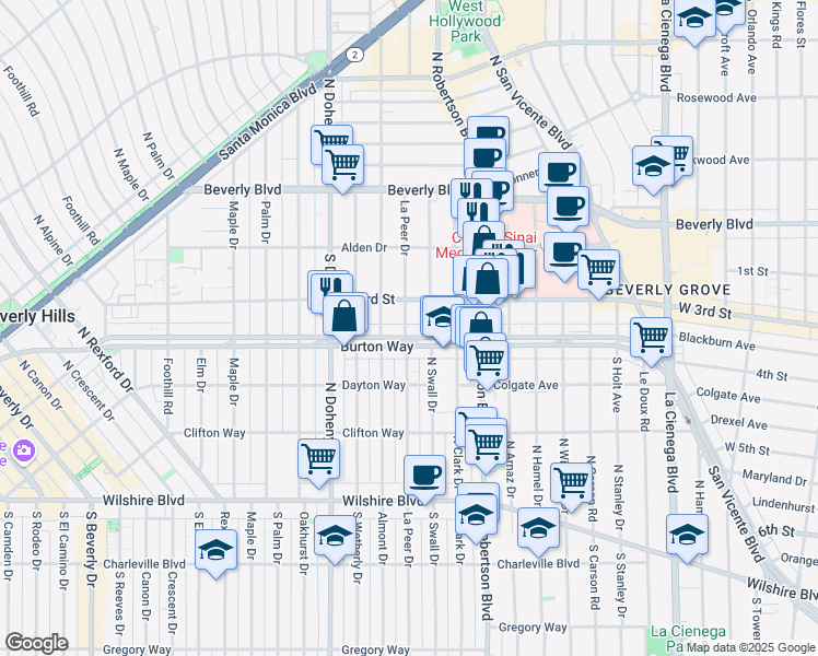 map of restaurants, bars, coffee shops, grocery stores, and more near 328 South La Peer Drive in Los Angeles