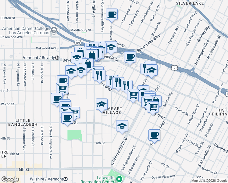 map of restaurants, bars, coffee shops, grocery stores, and more near 2 Robinson Street in Los Angeles
