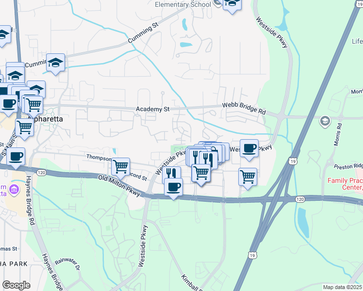 map of restaurants, bars, coffee shops, grocery stores, and more near 3205 Cape Circle in Alpharetta