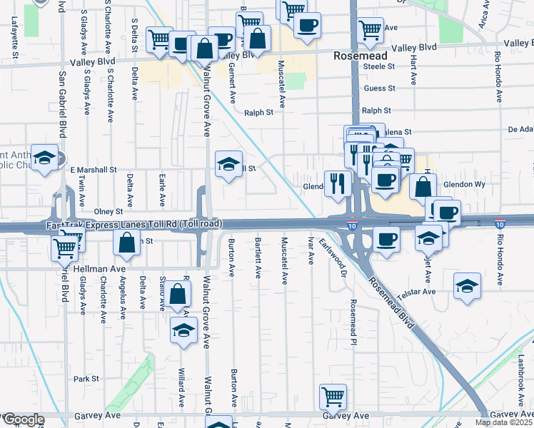 map of restaurants, bars, coffee shops, grocery stores, and more near 8732 Olney Street in Rosemead