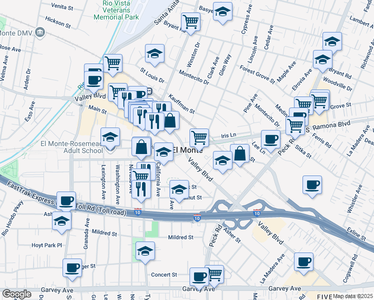 map of restaurants, bars, coffee shops, grocery stores, and more near in City of Industry