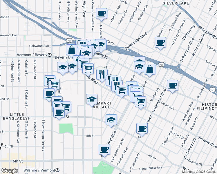 map of restaurants, bars, coffee shops, grocery stores, and more near 3224 Beverly Boulevard in Los Angeles