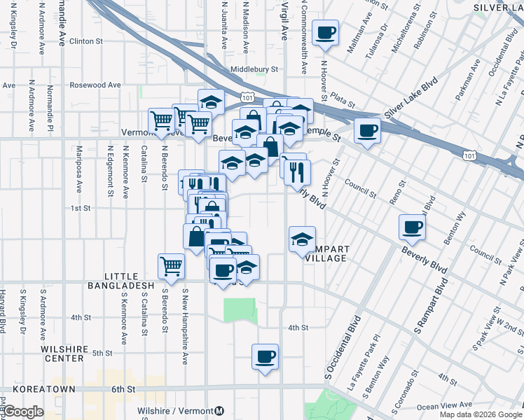 map of restaurants, bars, coffee shops, grocery stores, and more near 129 South Westmoreland Avenue in Los Angeles