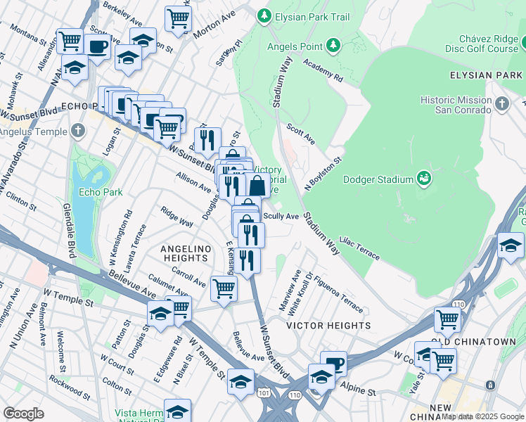 map of restaurants, bars, coffee shops, grocery stores, and more near 1251 Vin Scully Avenue in Los Angeles