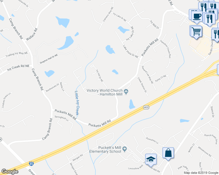 map of restaurants, bars, coffee shops, grocery stores, and more near 2725 Ivy Hill Drive Northeast in Buford