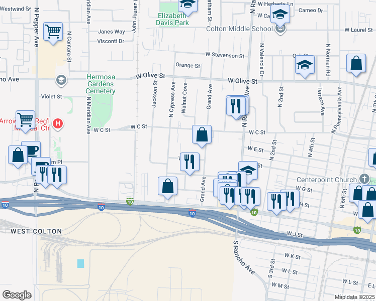 map of restaurants, bars, coffee shops, grocery stores, and more near 941 West F Street in Colton