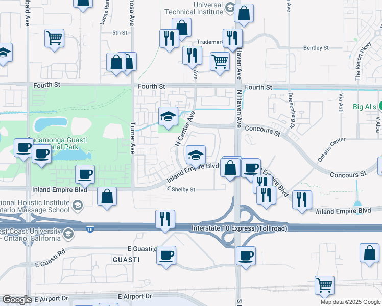 map of restaurants, bars, coffee shops, grocery stores, and more near 3351 Inland Empire Boulevard in Ontario
