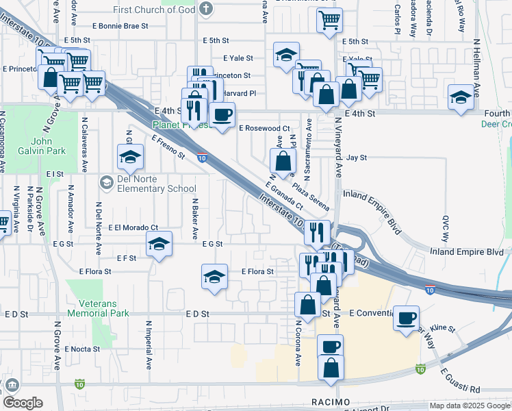 map of restaurants, bars, coffee shops, grocery stores, and more near 1733 East G Street in Ontario