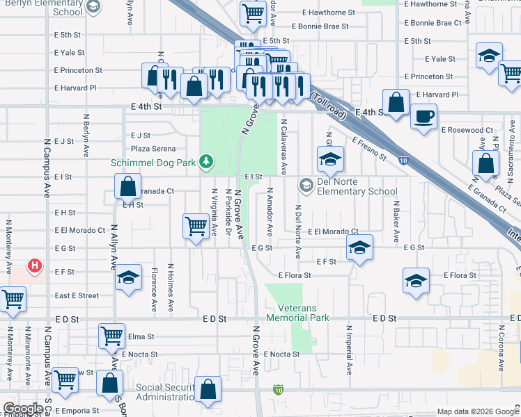 map of restaurants, bars, coffee shops, grocery stores, and more near 767 North Alameda Avenue in Ontario