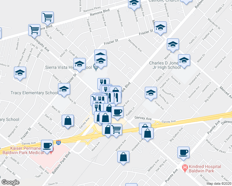 map of restaurants, bars, coffee shops, grocery stores, and more near 3256 Baldwin Park Boulevard in Baldwin Park