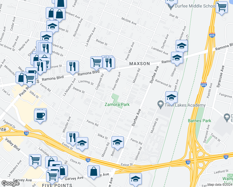map of restaurants, bars, coffee shops, grocery stores, and more near 3850 Penn Mar Avenue in El Monte