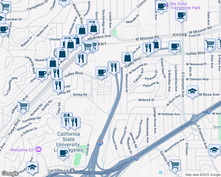 map of restaurants, bars, coffee shops, grocery stores, and more near 2316 Highbury Avenue in Los Angeles