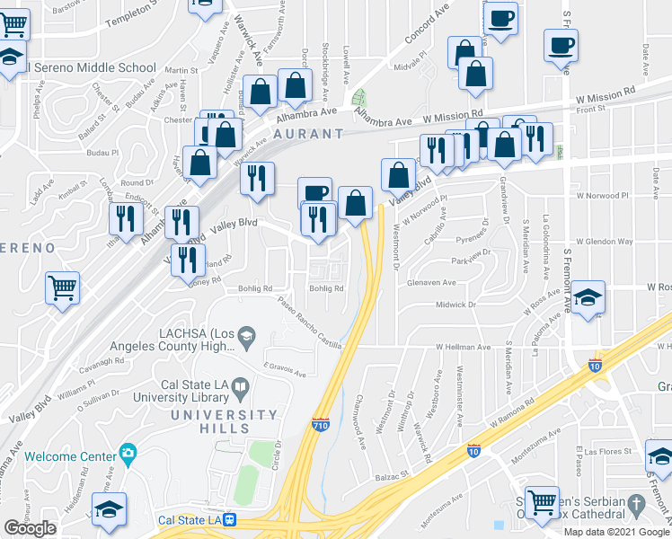 map of restaurants, bars, coffee shops, grocery stores, and more near 2316 Highbury Avenue in Los Angeles