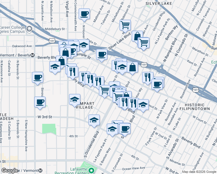map of restaurants, bars, coffee shops, grocery stores, and more near 133 North Reno Street in Los Angeles