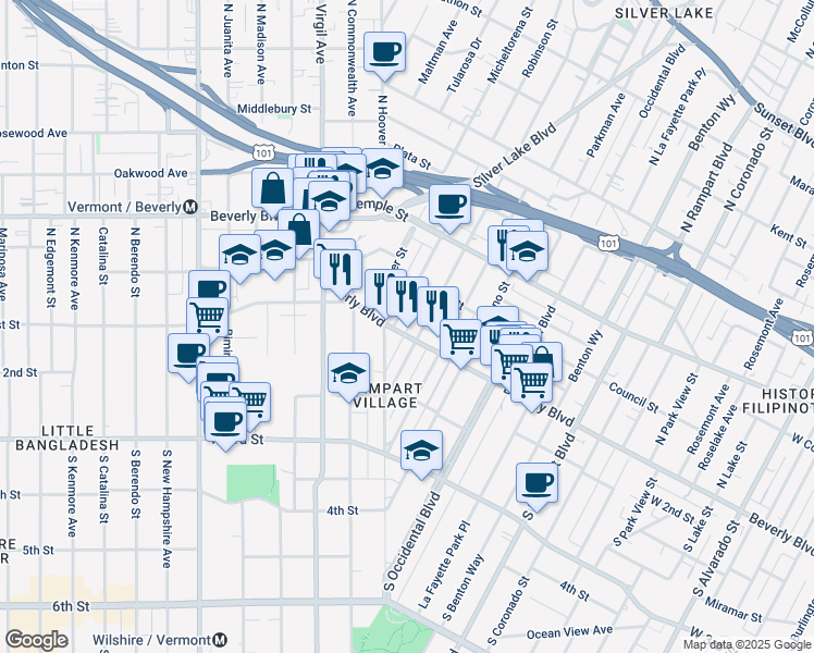 map of restaurants, bars, coffee shops, grocery stores, and more near 3224 Beverly Boulevard in Los Angeles