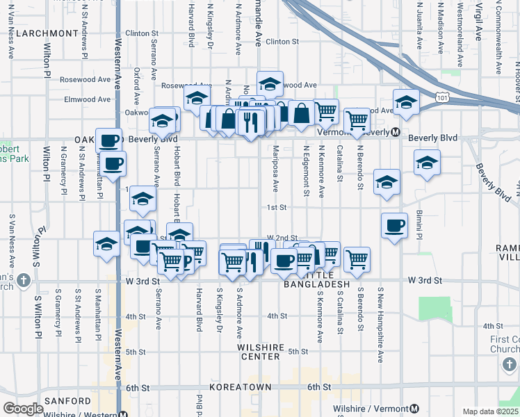 map of restaurants, bars, coffee shops, grocery stores, and more near 106 Normandie Avenue in Los Angeles