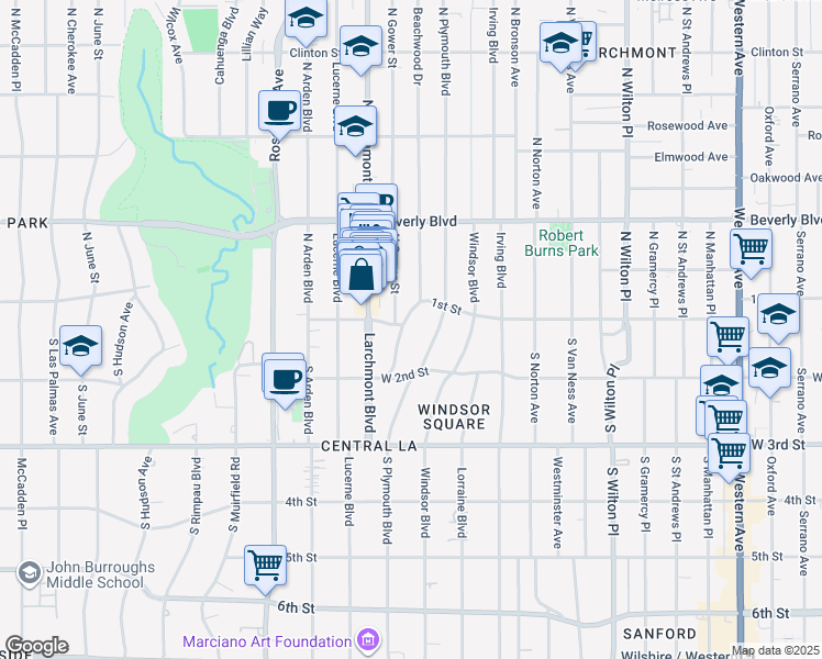 map of restaurants, bars, coffee shops, grocery stores, and more near 139 South Plymouth Boulevard in Los Angeles