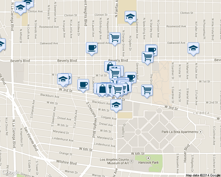 map of restaurants, bars, coffee shops, grocery stores, and more near 156 South Hayworth Avenue in Los Angeles