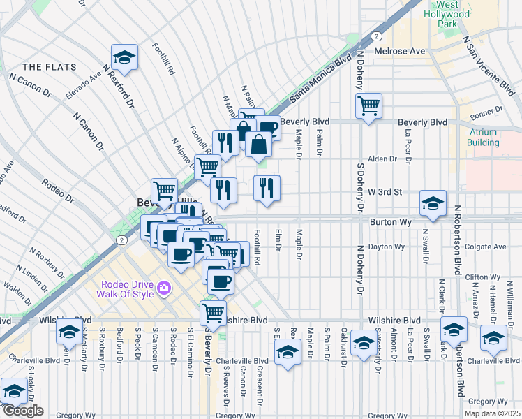 map of restaurants, bars, coffee shops, grocery stores, and more near in Beverly Hills