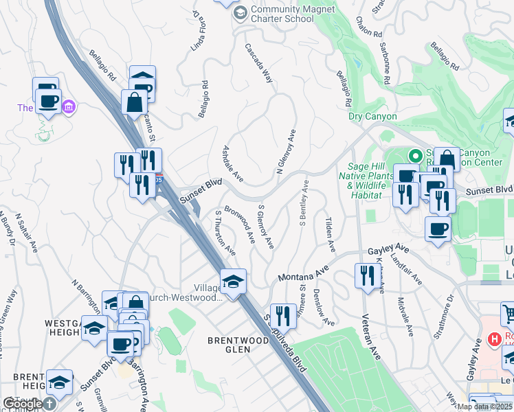 map of restaurants, bars, coffee shops, grocery stores, and more near 114 South Glenroy Avenue in Los Angeles