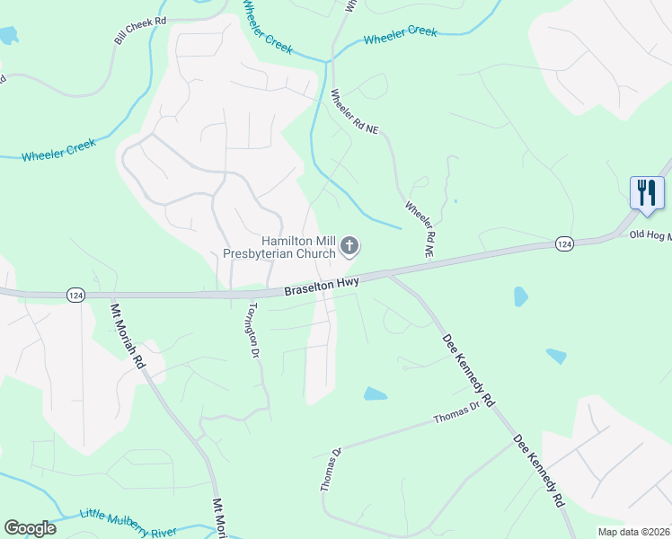 map of restaurants, bars, coffee shops, grocery stores, and more near 5214 Sunlake Drive in Hoschton