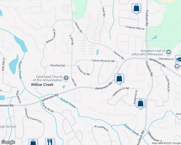 map of restaurants, bars, coffee shops, grocery stores, and more near 4930 Condor Place in Marietta