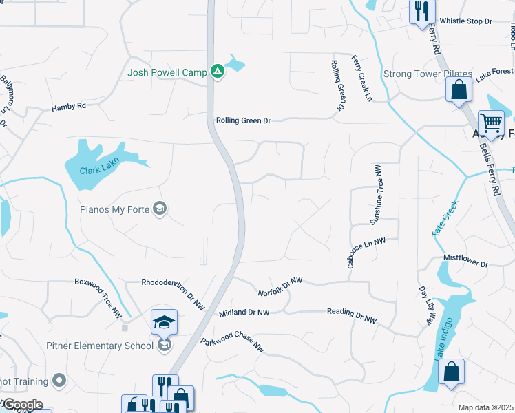 map of restaurants, bars, coffee shops, grocery stores, and more near 4934 Woodstream Lane Northwest in Acworth