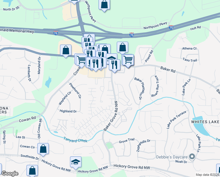 map of restaurants, bars, coffee shops, grocery stores, and more near 900 Westridge Drive in Acworth