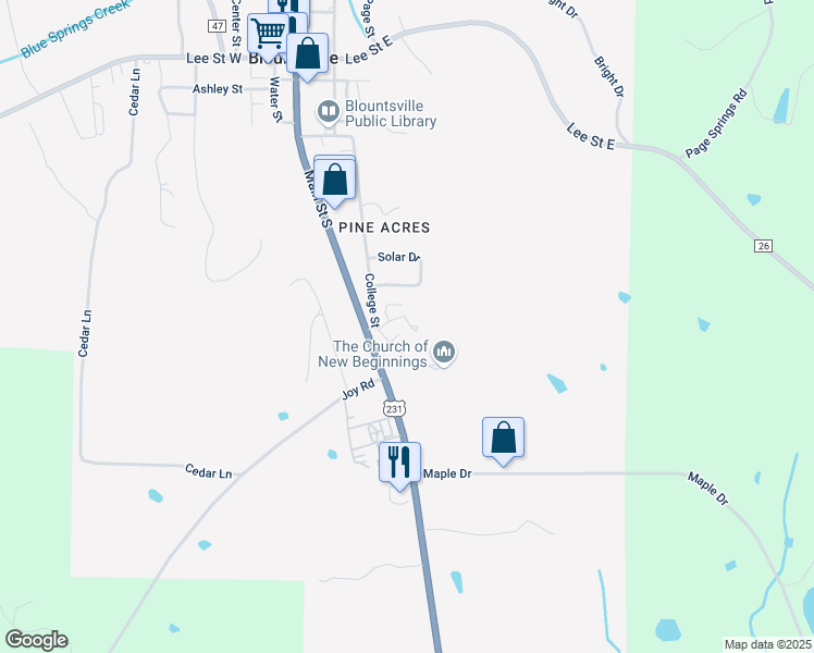 map of restaurants, bars, coffee shops, grocery stores, and more near 40 Ratliff Street in Blountsville