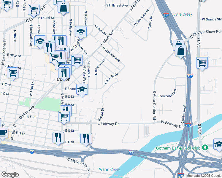 map of restaurants, bars, coffee shops, grocery stores, and more near 916 Award Drive in Colton