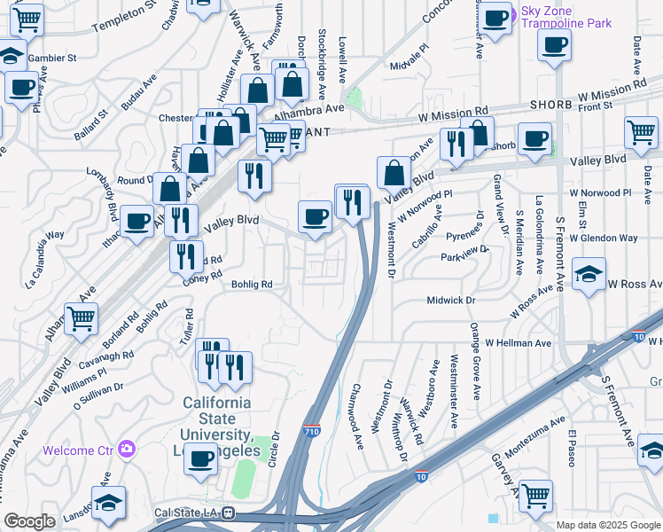 map of restaurants, bars, coffee shops, grocery stores, and more near 5500 Dobbs Street in Los Angeles