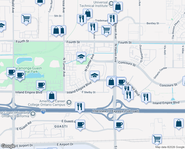 map of restaurants, bars, coffee shops, grocery stores, and more near 850 North Center Avenue in Ontario