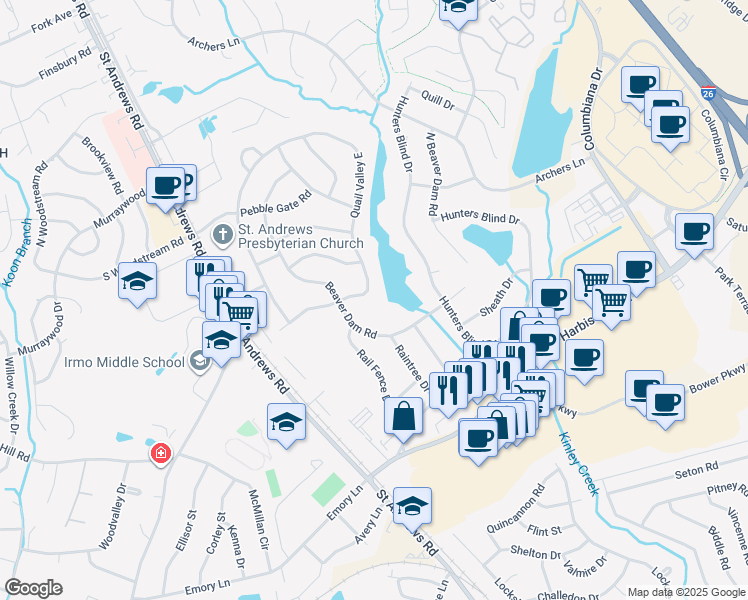 map of restaurants, bars, coffee shops, grocery stores, and more near 1430 Quail Valley East in Columbia