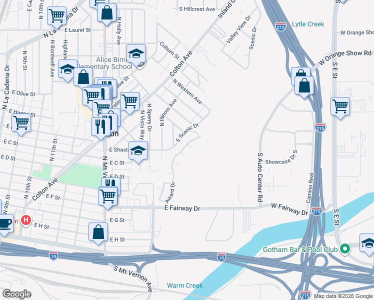 map of restaurants, bars, coffee shops, grocery stores, and more near 916 Award Drive in Colton